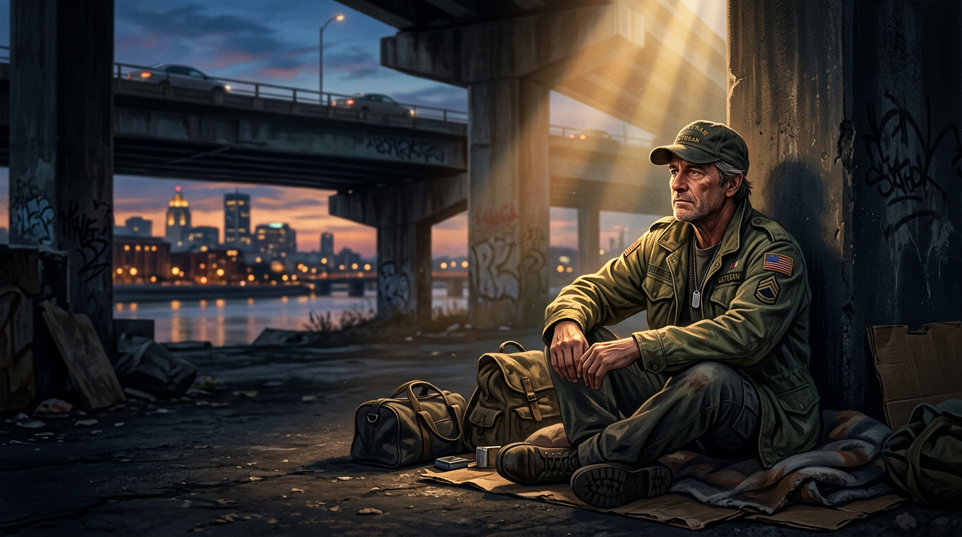 Illustration of a veteran sitting under a bridge at dusk