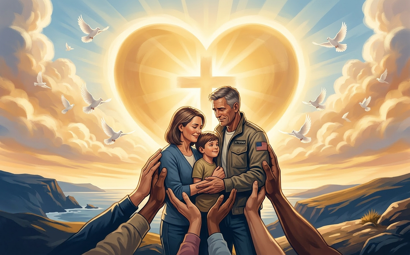 Family embraced by caring hands, glowing heart, cross, and doves