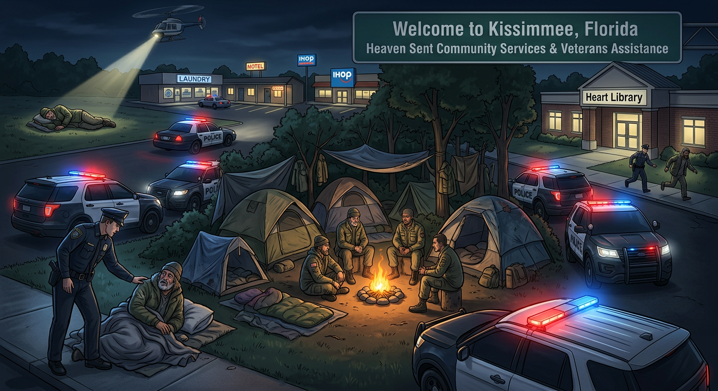 Illustration of homeless veterans being pushed from camps at night