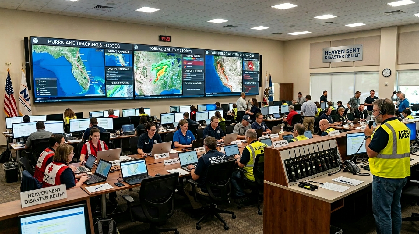 National disaster response command room with large screens, radio bank, conference tables, and Heaven Sent Disaster Relief markings