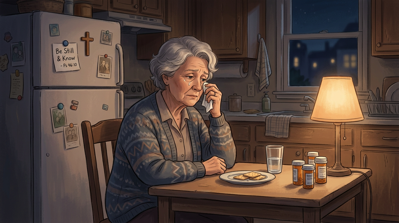 Illustration of an elderly woman alone at her kitchen table